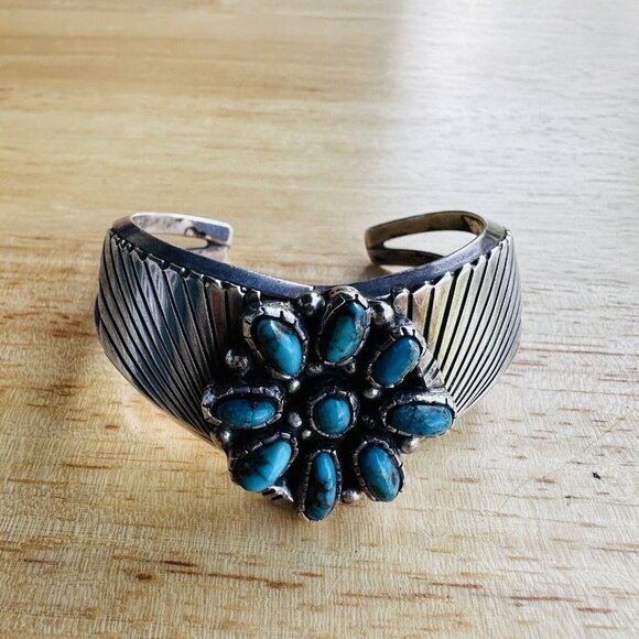 Vintage Navajo Stamped Tom Sterling Silver 9‎ Turquoise Cabs Cuff Bracelet Deco - Picture 1 of 12
